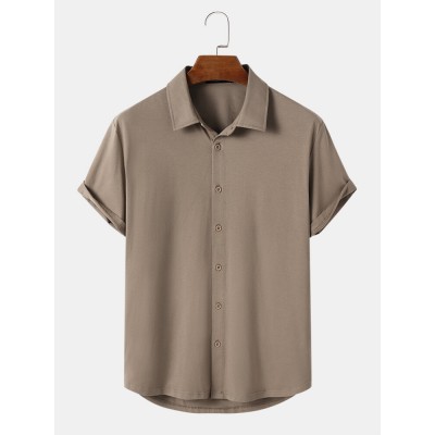 Mens Solid Color Button Up Daily Short Sleeve Shirts