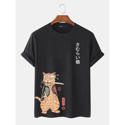 Mens Carp Warrior Cat Print Japanese Style Short Sleeve T  Shirts