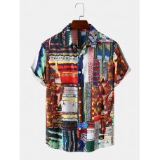 Mens Tribal Pattern Spliced Hem Cuff Comfy Shirts