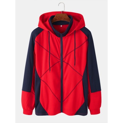 Mens Patchwork Contrast Color Zipper Casual Sports Hooded Jacket