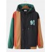 Men Patchwork Color Block Print Full Zip Pocket Hoodies Windbreaker Jackets